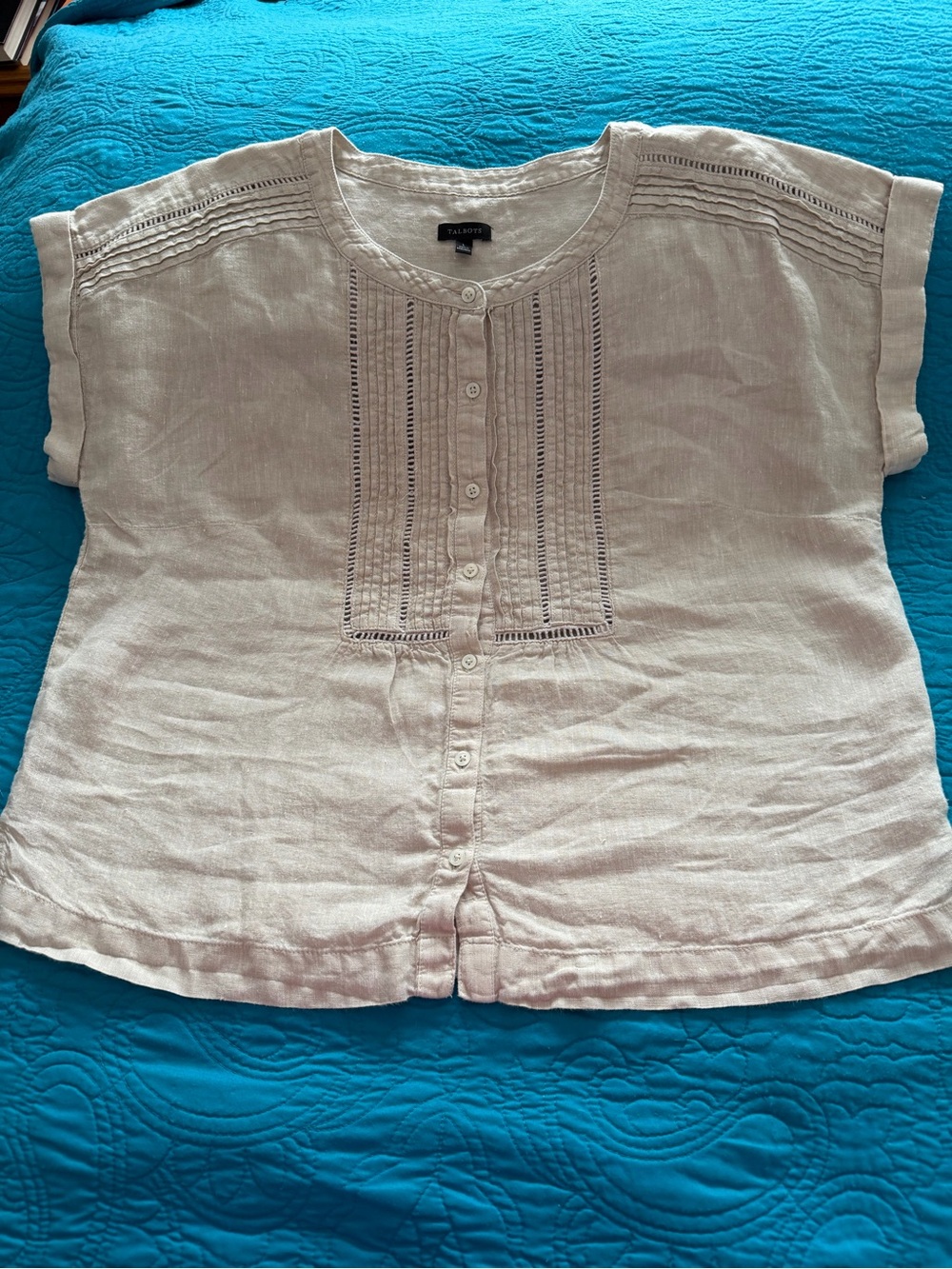 Talbots Cream Linen Eyelet Pintuck Button-Front Blouse
